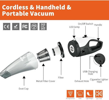 Kali Joy Handheld Vacuum Cleaner Powerful Suction Portable Lightweight Vaccum Cordless Cleaner and Air Duster with LED Light and Multi-Nozzles Car, Home, Office, Battery 6000mah (Black & White)