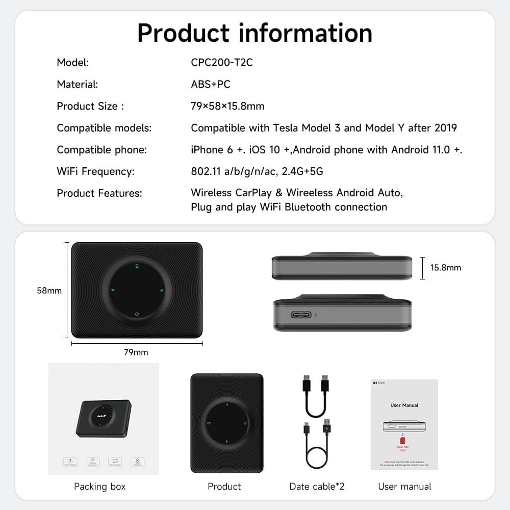 Wireless CarPlay Android Auto Adapter for Tesla Model Y & Model 3, Lossless Upgrading of The Original Vehicle for Apple/Android Phones,2.4G+5G Dual Band WiFi, Black