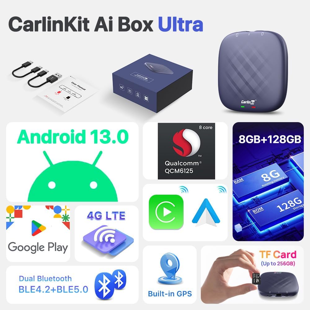 كارلينكيت اندرويد 13.0 كاربلاي ايه اي بوكس الترا، 8GB+128GB، سناب دراغون QCM 6125، زيادة الاداء 33%، يدعم كاربلاي اللاسلكي/اندرويد اوتو وجوجل بلاي ستور ونتفليكس ويوتيوب