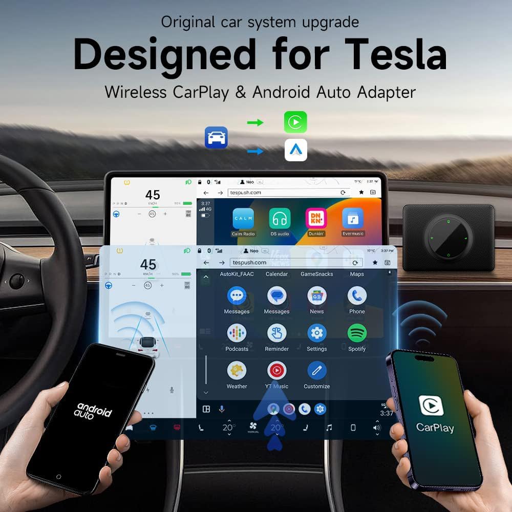 Wireless CarPlay Android Auto Adapter for Tesla Model Y & Model 3, Lossless Upgrading of The Original Vehicle for Apple/Android Phones,2.4G+5G Dual Band WiFi, Black