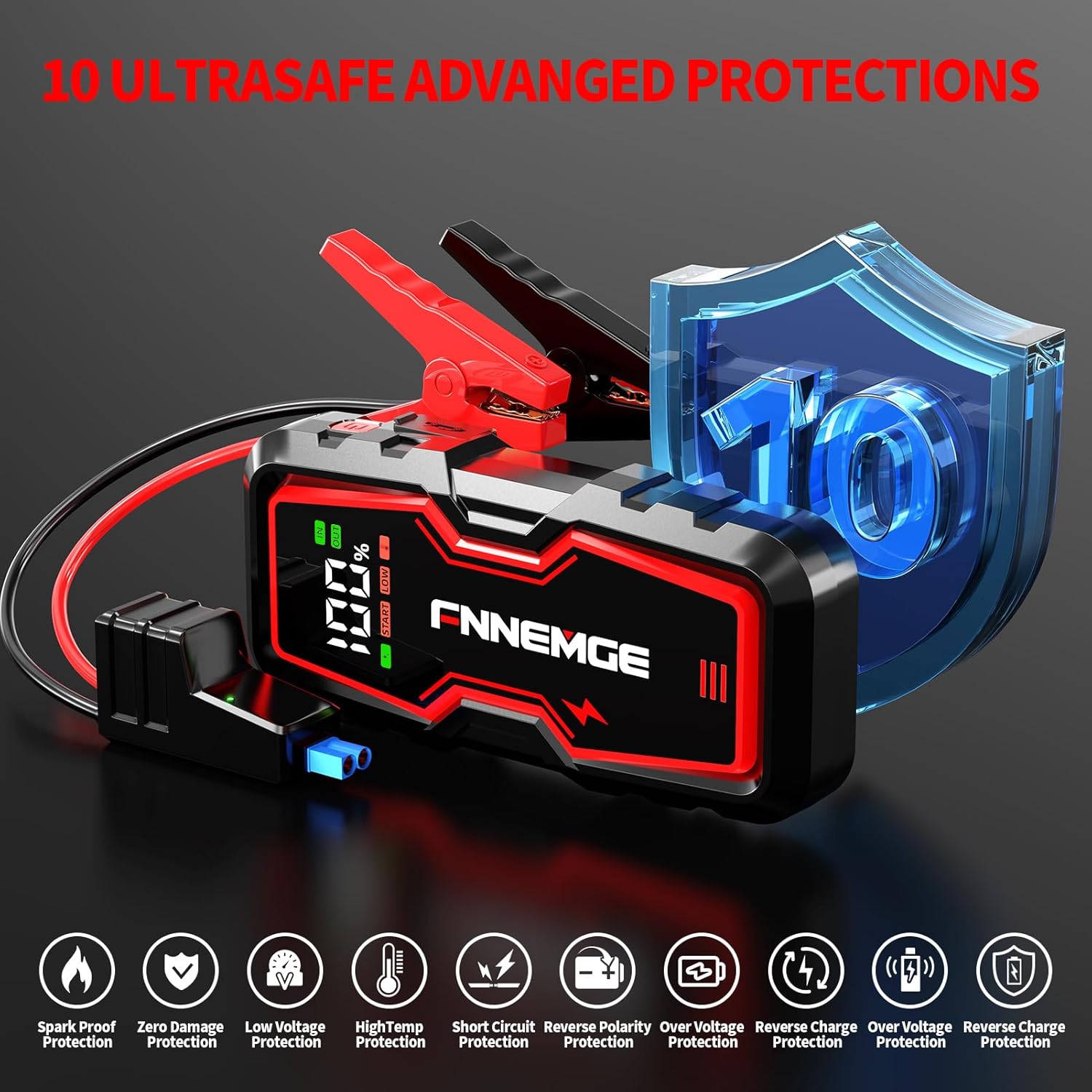 FNNEMGE Car Jump Starter, 4000A Peak 12V Jump Starter Battery Pack(Up to 8.0L Gas & 6.5L Diesel),with USB Charge Output Port,LED Light,HD Large Screen.