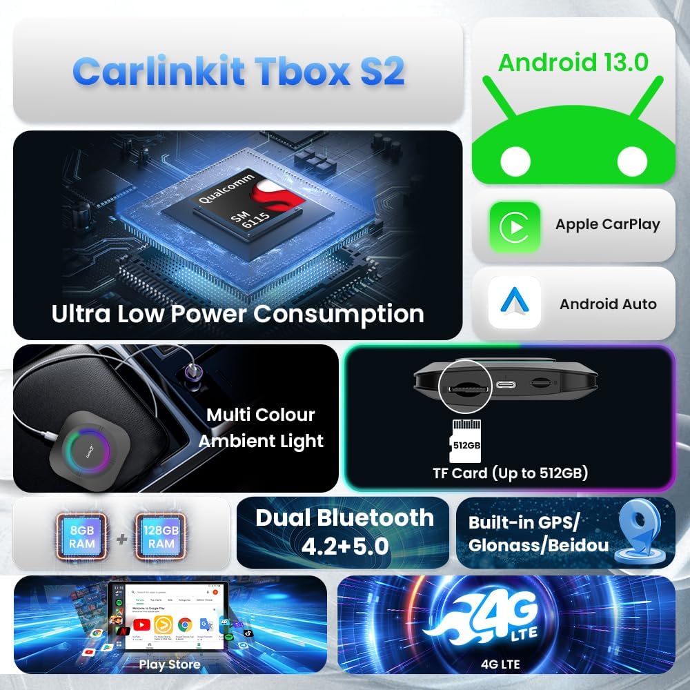 Carlinkit Tbox S2 LED، أندرويد 13، 8 جيجابايت + 128 جيجابايت، محول لاسلكي 3 في 1 مع CarPlay/Android Auto/Play Store/بث الفيديو/مركز الألعاب/نظام تحديد المواقع العالمي (GPS) المدمج