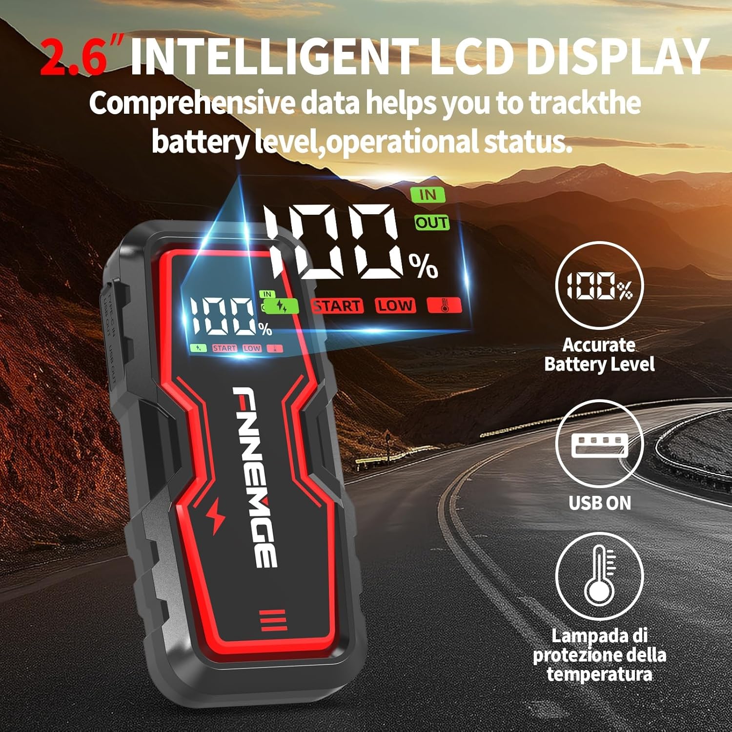 FNNEMGE Car Jump Starter, 4000A Peak 12V Jump Starter Battery Pack(Up to 8.0L Gas & 6.5L Diesel),with USB Charge Output Port,LED Light,HD Large Screen.